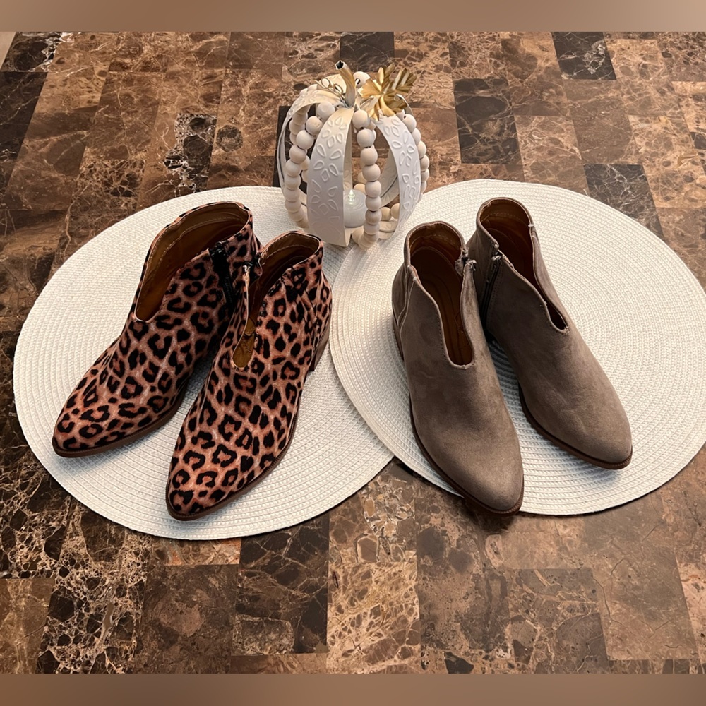 Qupid Leopard Print Ankle Boots & Taupe Suede Booties Duo
